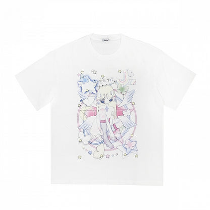 Anime Girl Print White Round Neck Loose Cotton T-shirt