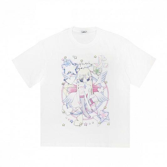 Anime Girl Print White Round Neck Loose Cotton T-shirt