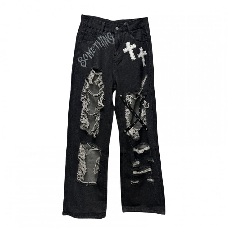 Y2K Black Cross Appliques Criss-cross Straps Distressed Holes Glamorous Jeans