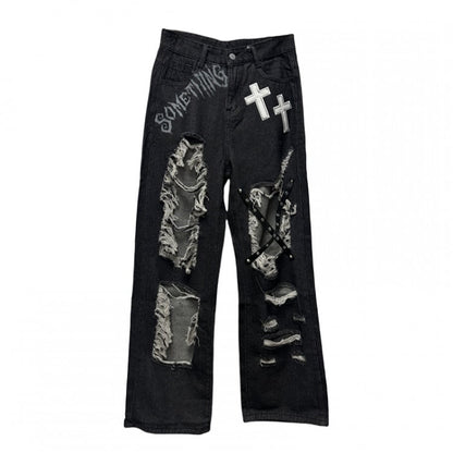 Y2K Black Cross Appliques Criss-cross Straps Distressed Holes Glamorous Jeans