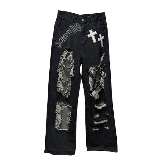 Y2K Black Cross Appliques Criss-cross Straps Distressed Holes Glamorous Jeans