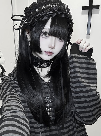 Black & Gray Stripes Zip-up Hooded Jacket for Autumn with Cross Chain Print