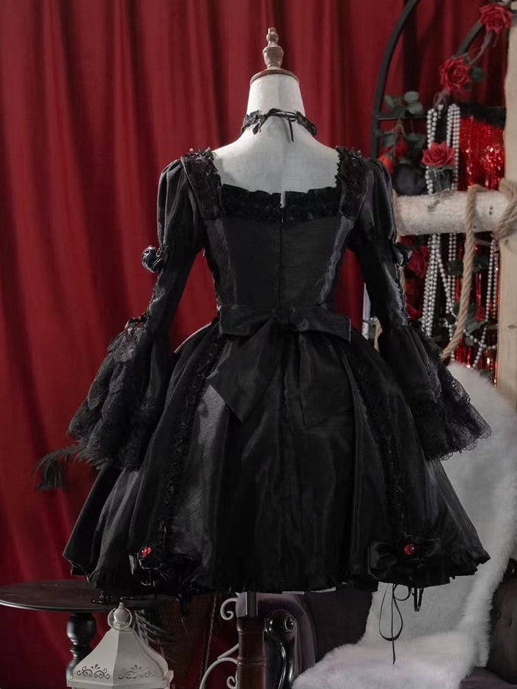 Black Layered Bell Sleeves Kuro Gothic Lolita Dress Bowknot Details and Drawstring Skirt