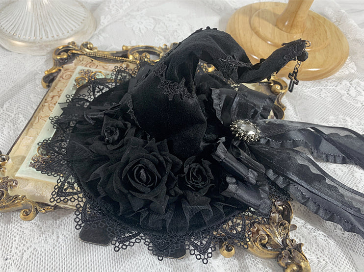 Cross Charm Gothic Black Floral Design Halloween Rhinestoned Bowknot Witch Hat