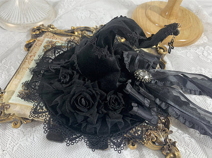 Cross Charm Gothic Black Floral Design Halloween Rhinestoned Bowknot Witch Hat