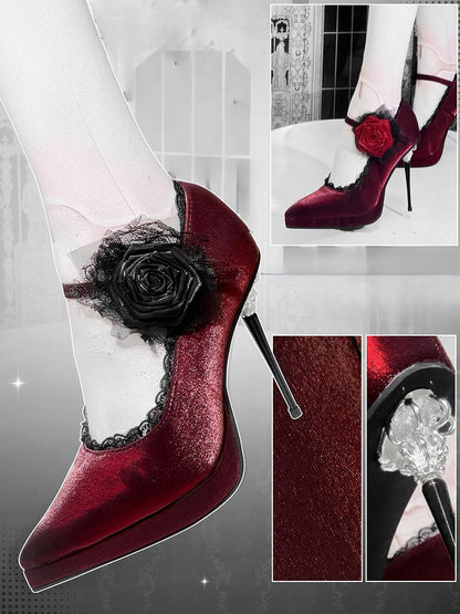 Red Gothic Floral Decorated Pointed Toe Satin High Heels