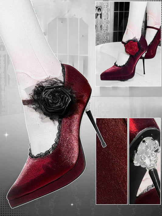 Red Gothic Floral Decorated Pointed Toe Satin High Heels