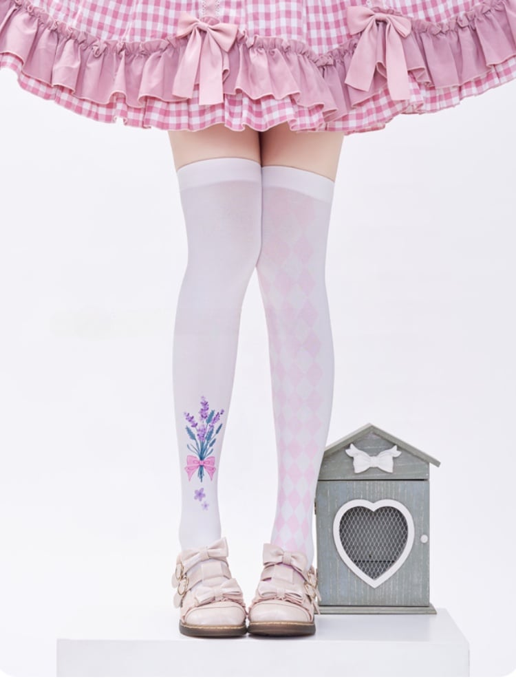 White & Pink Lavender Print Diamond Pattern Over Knee Stockings