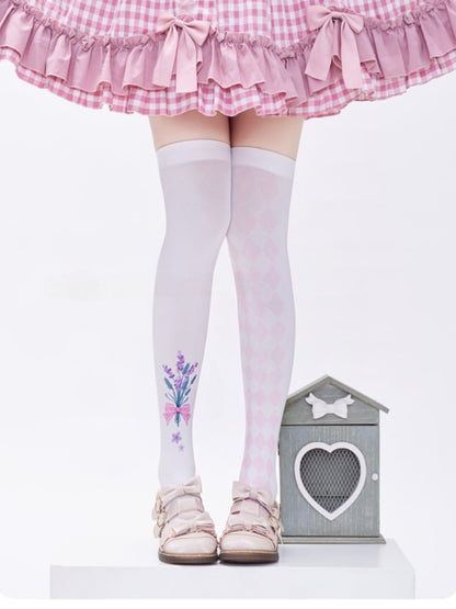 White & Pink Lavender Print Diamond Pattern Over Knee Stockings