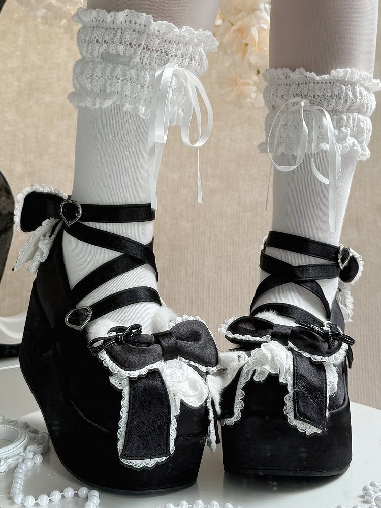 Plush Bear Ear Details, Bow Accents & Crisscross Design Satin Black Platform Shoes in Sweet Lolita