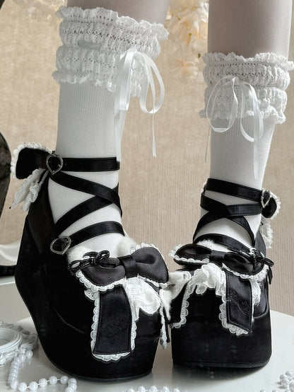 Plush Bear Ear Details, Bow Accents & Crisscross Design Satin Black Platform Shoes in Sweet Lolita