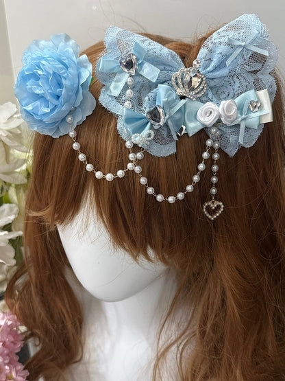 Two Blue Floral Design Rhinestone Heart And Crown Decorated Bead Chain Hairclips