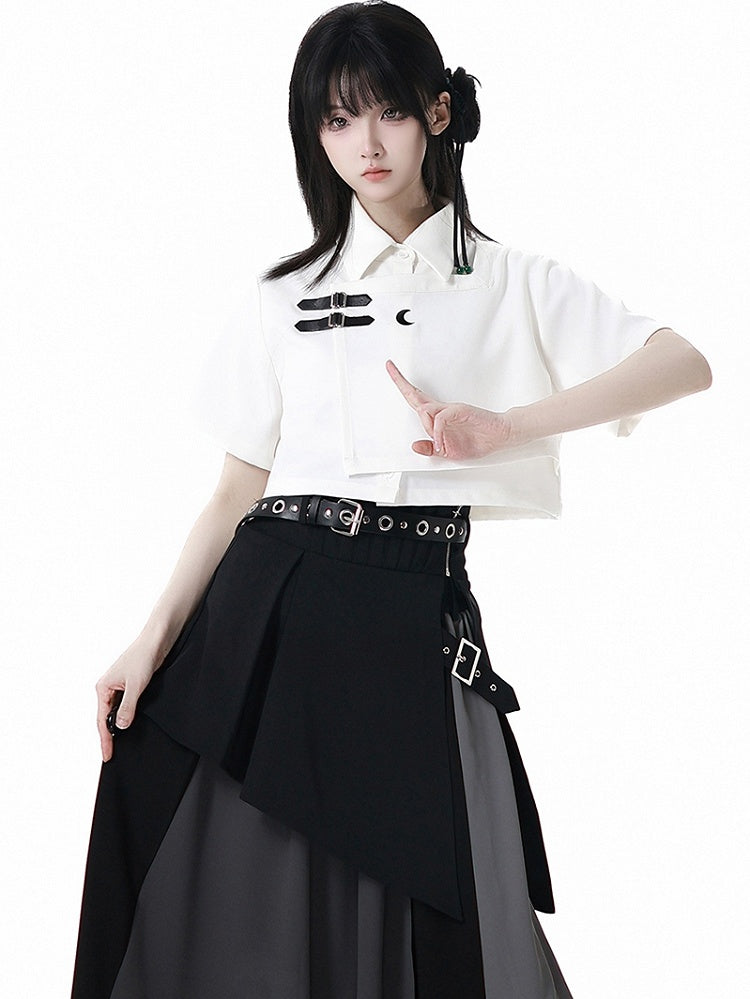 Black Asymmetrical Hem Corset Belt with Buckle Belt