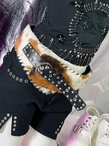 Clearance - Black Studs and Rings Plush Buckle Belt