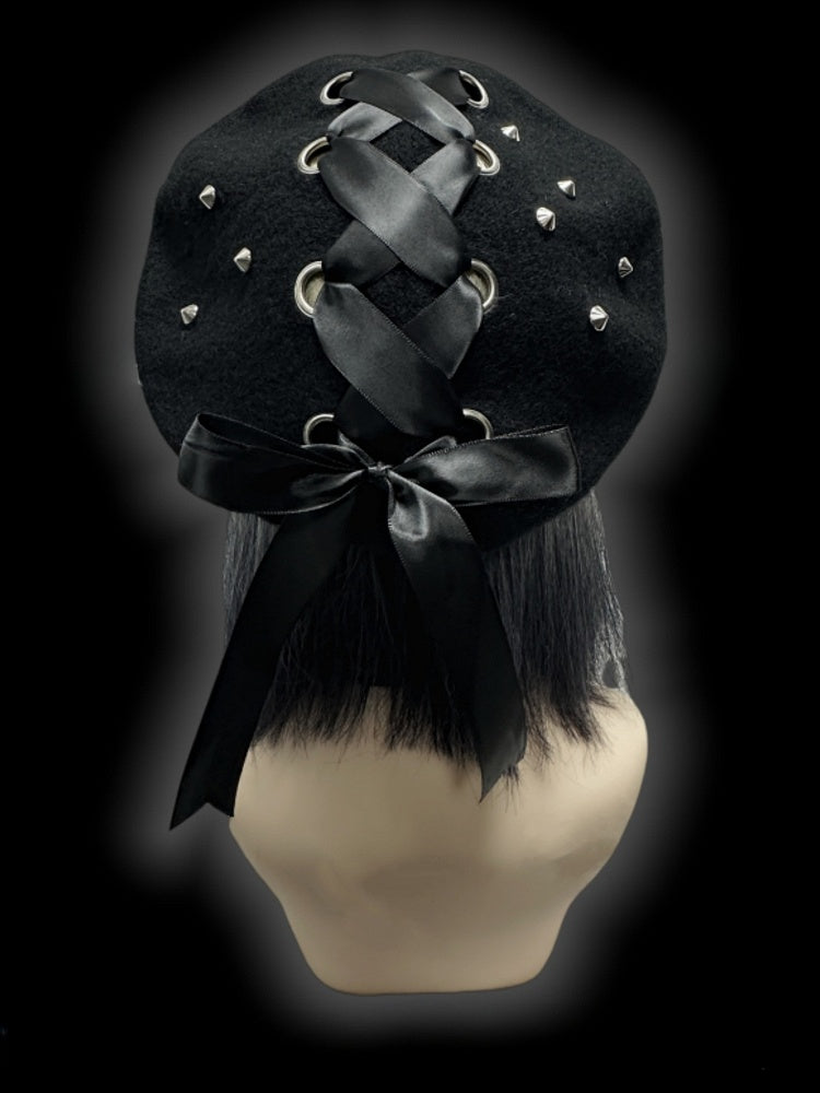 Y2K Black Lace-up Detail Studs Design Wool Beret