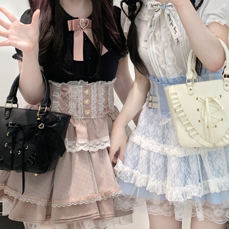 Black/Pink/Blue High Waist Sweetheart Buttons Lace Trim Jirai Kei Tiered Skirt