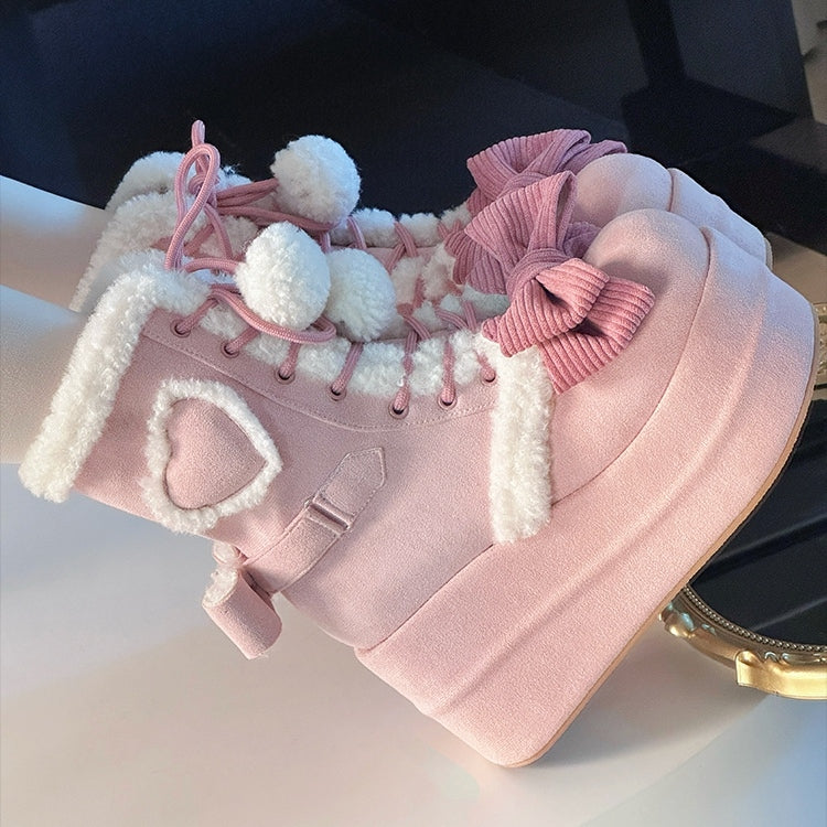 6cm/8.5cm Platform Pink Sweet Style Winter Boots with Heart Patches & Bow Accents