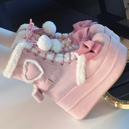 6cm/8.5cm Platform Pink Sweet Style Winter Boots with Heart Patches & Bow Accents