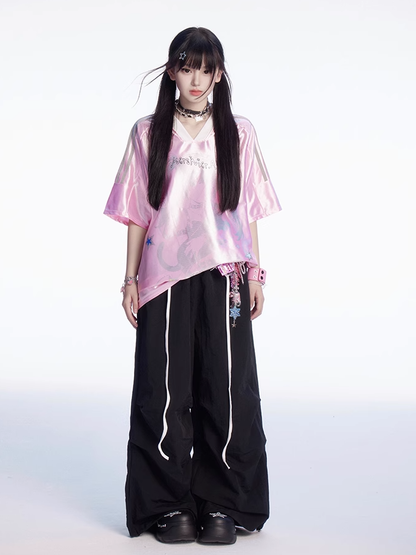 Plaid Patchwork Waist Drawstring Cuffs Black Wide-leg Casual Pants