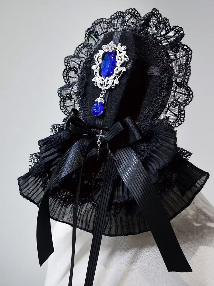 Black and Klein Blue Gothic Lolita Full Set - Long Bell Sleeves Shirt + Boned High Waist Skirt + Jabot Tie + Mini Hat