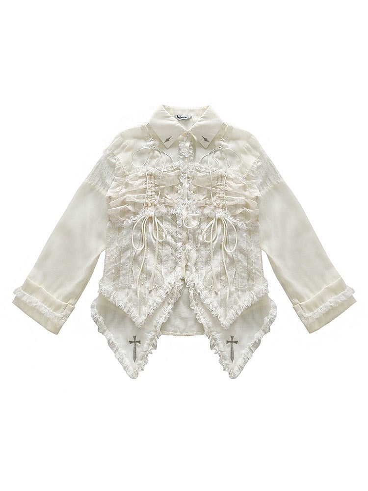 Lace-up Detail Beige Crosses Embroidery Chiffon Shirt Lace Trim