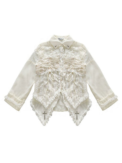 Lace-up Detail Beige Crosses Embroidery Chiffon Shirt Lace Trim