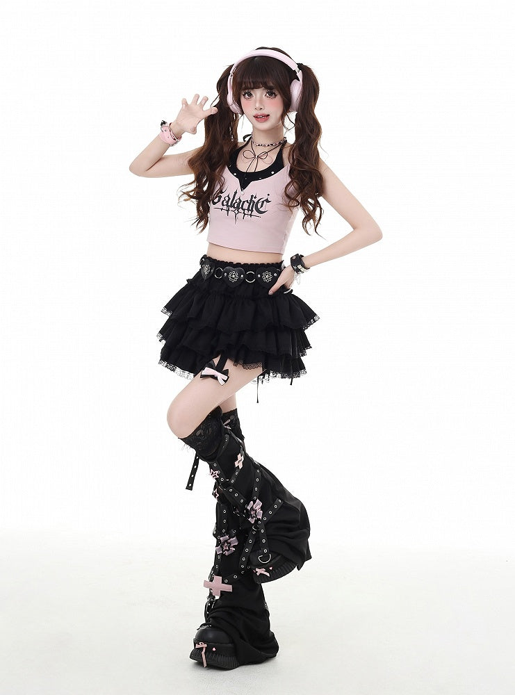 Y2K Red/Pink/Black Lace Trim Glamorous Tiered Skirt with Detachable Bowknot