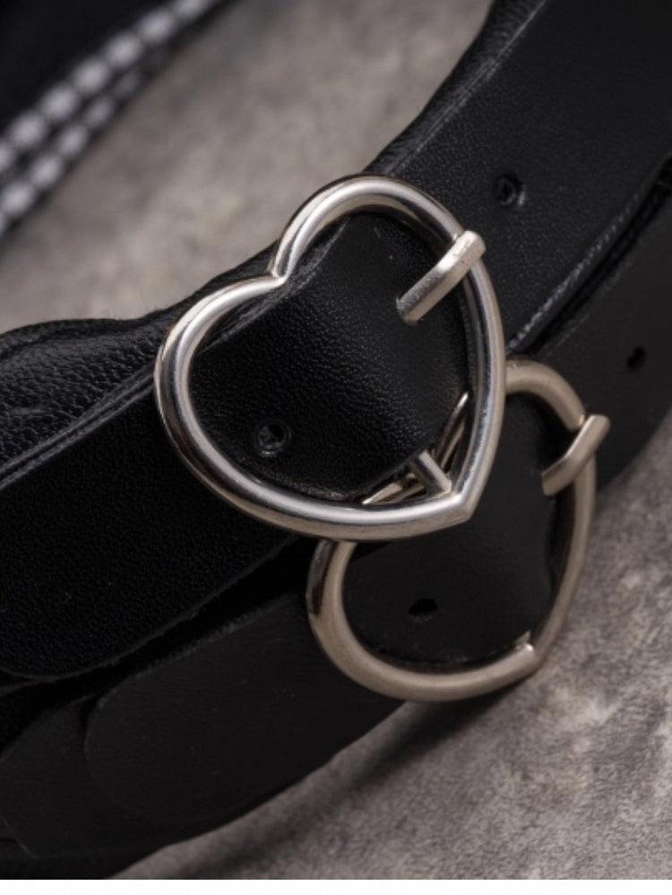 Black Gothic Plaid Pattern With Double Heart Buckles Decorated KC