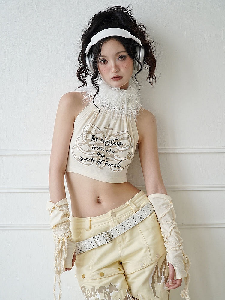 Letters Print Beige Top with Detachable Plush Collar