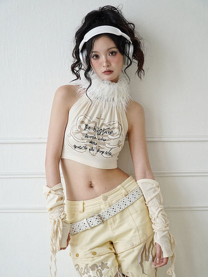 Letters Print Beige Top with Detachable Plush Collar