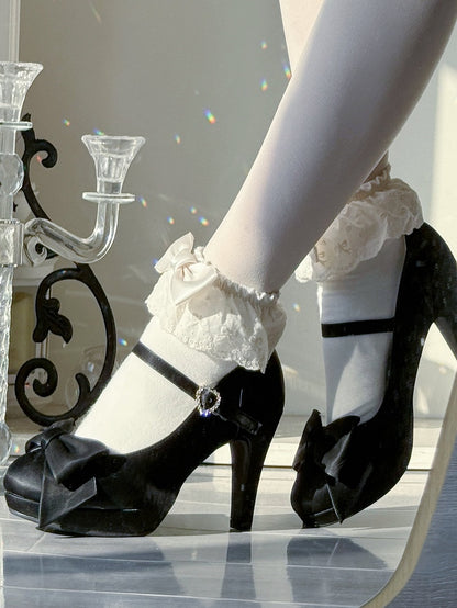 Black Elegant Lolita High Heels - Bow at Top & Rhinestone Heart Buckle