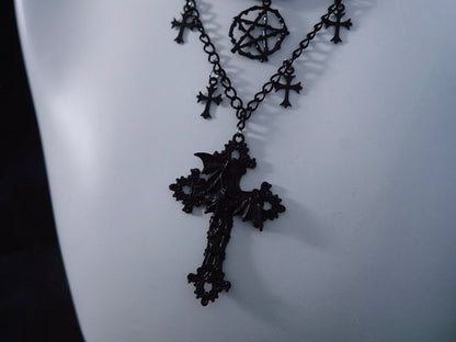 Pentagram and Cross Pendant Black Gothic Triple Layered Necklace
