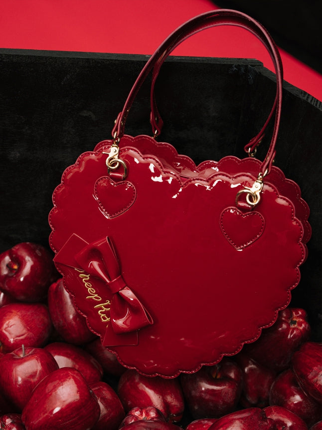 Multi-Way Polished Red Heart Bag for Lolita - Cookie Design with Bow Accent and Secure Zipper