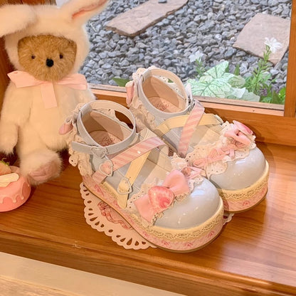 Sea Salt Strawberry Cake Blue Sweet Lolita Bow Accents Platforms Mary Jane Shoes