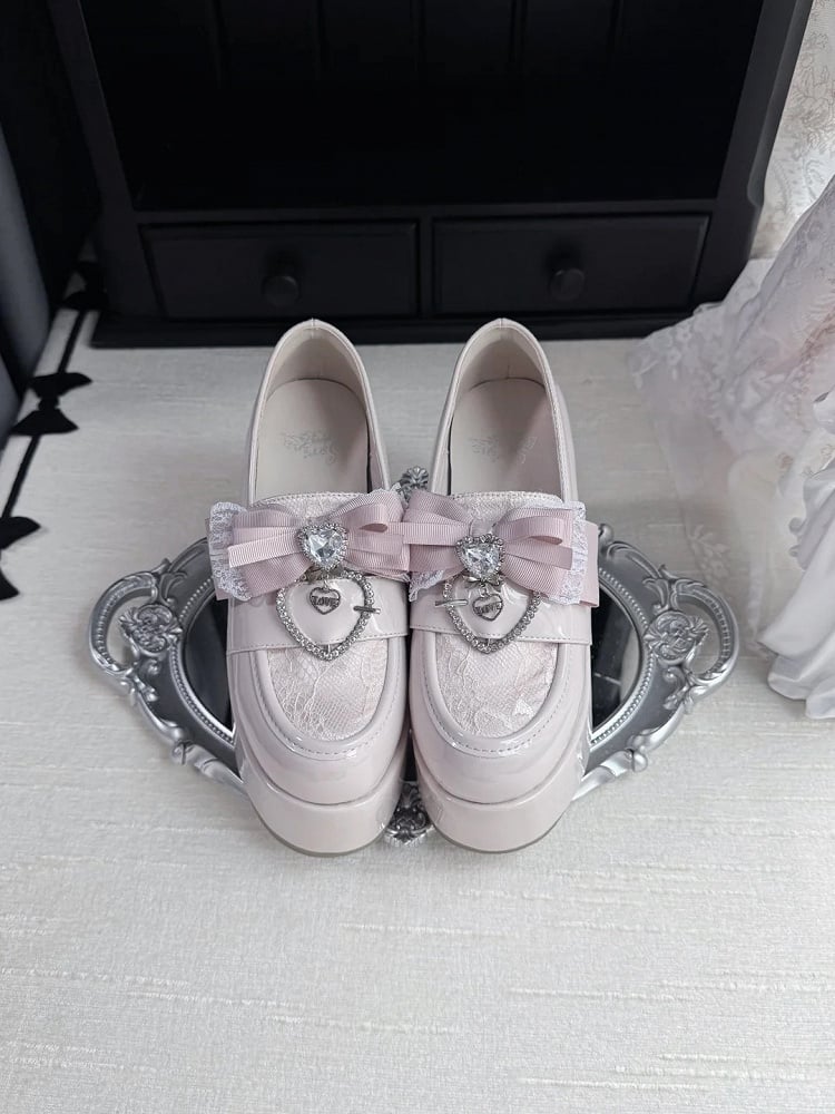 Jirai Kei Dusty Pink Platform Shoes: 9.5cm Block Heel with Top Bow & Heart Rhinestone