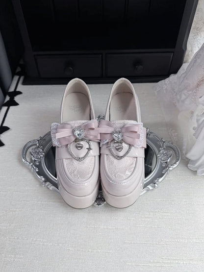 Jirai Kei Dusty Pink Platform Shoes: 9.5cm Block Heel with Top Bow & Heart Rhinestone