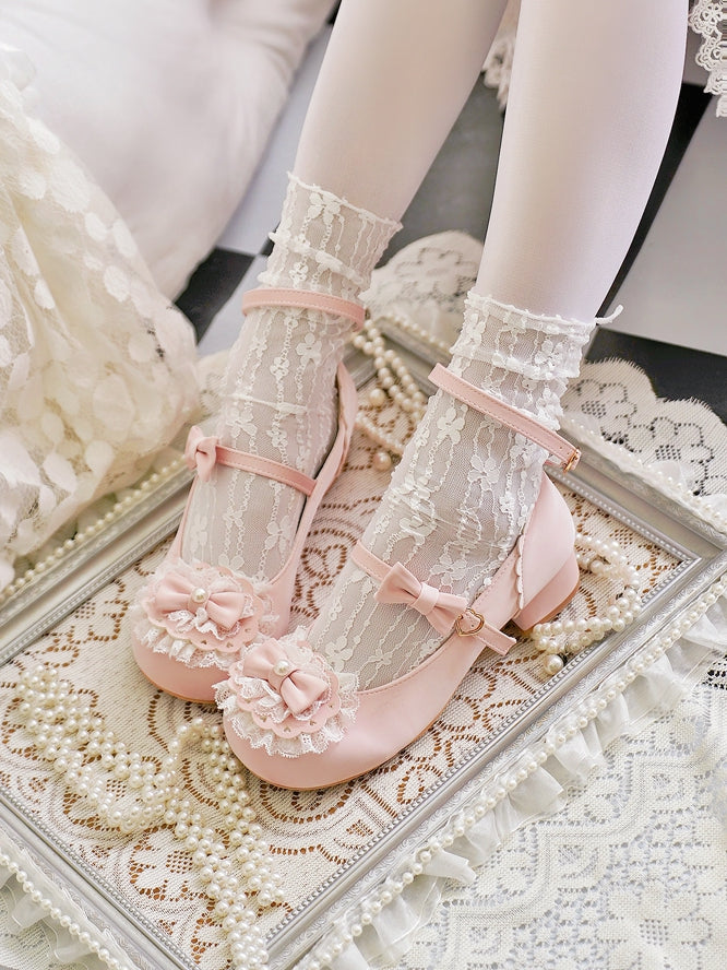 Baby Pink Bow at Top Lace Trim Heart Buckles Round Toe Lolita Shoes