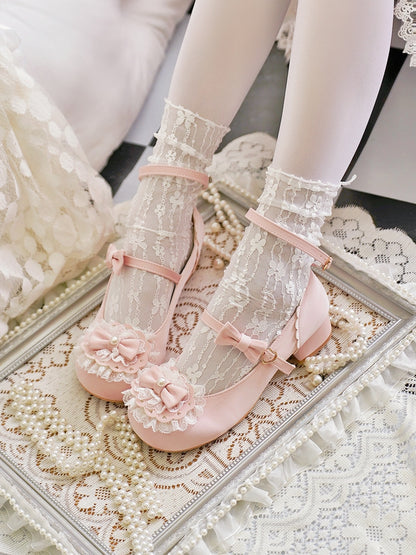 Baby Pink Bow at Top Lace Trim Heart Buckles Round Toe Lolita Shoes