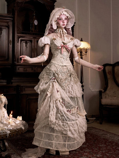 Versatile Lace Patched Vintage Bustle Long Skirt