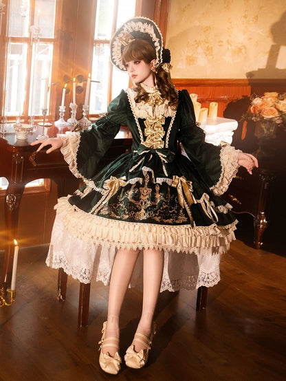 Candle and Candlestick Embroidery Green Bell Sleeves Velvet Dress Lolita OP / Set