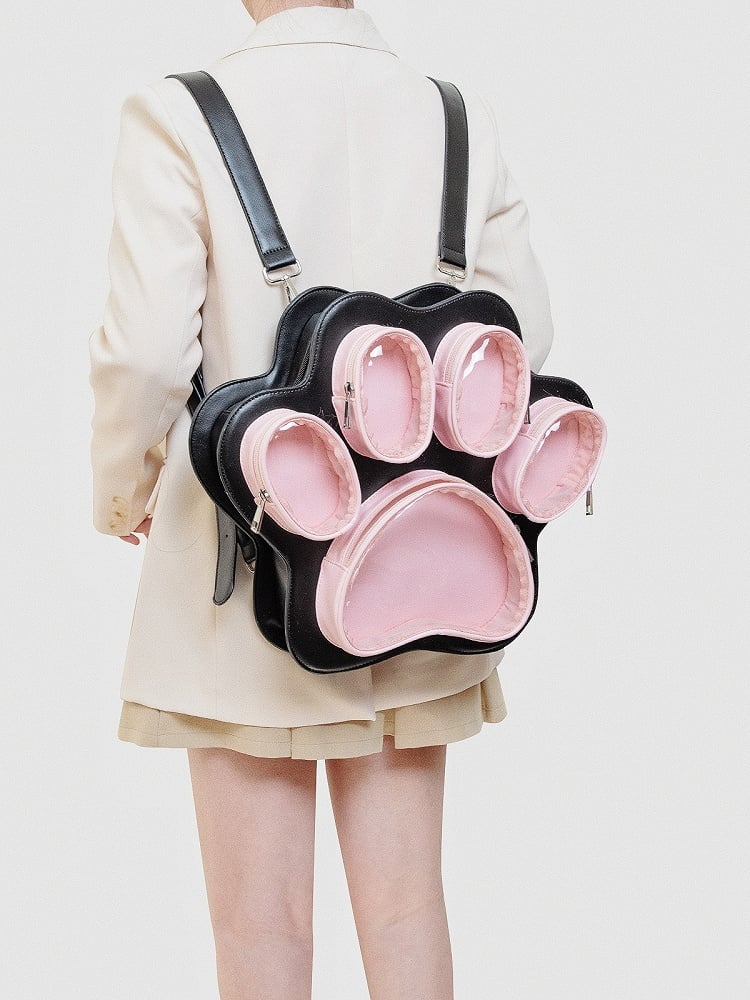 2-Way Black & Pink Enchanting Kitten & Puppy Paw Ita Backpack In Cute Style
