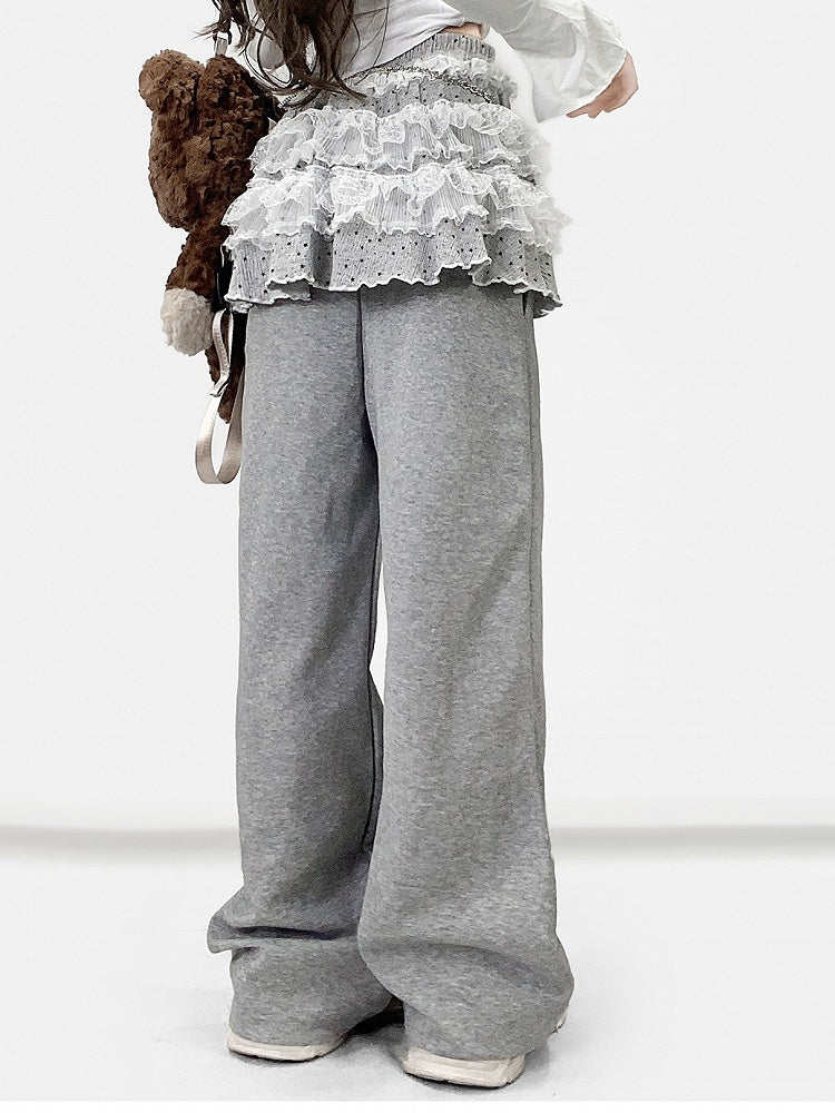 Gray Y2K Bittersweet Wide-leg Cut Pants + Polka-dot Pattern Lace Trim Tiered Skirt