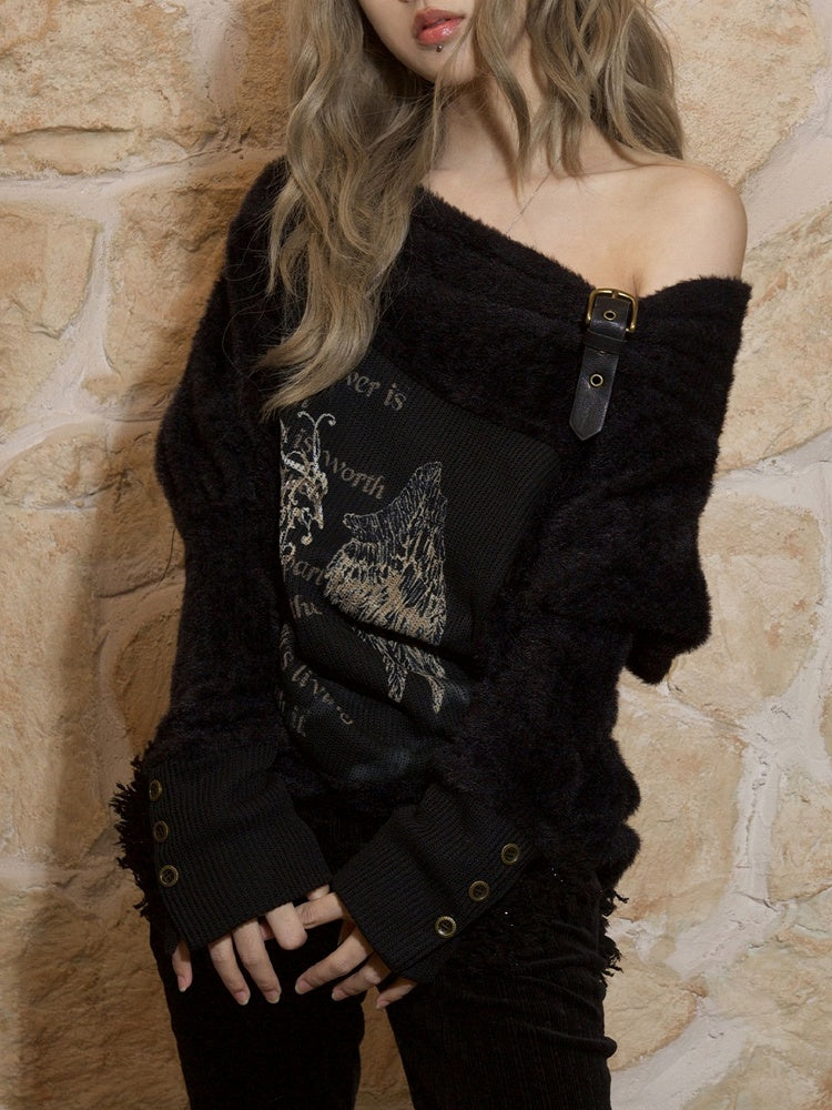 Black Off-Shoulder Punk Wing Print Knit Top with Batwing Sleeves & Buckle Strap