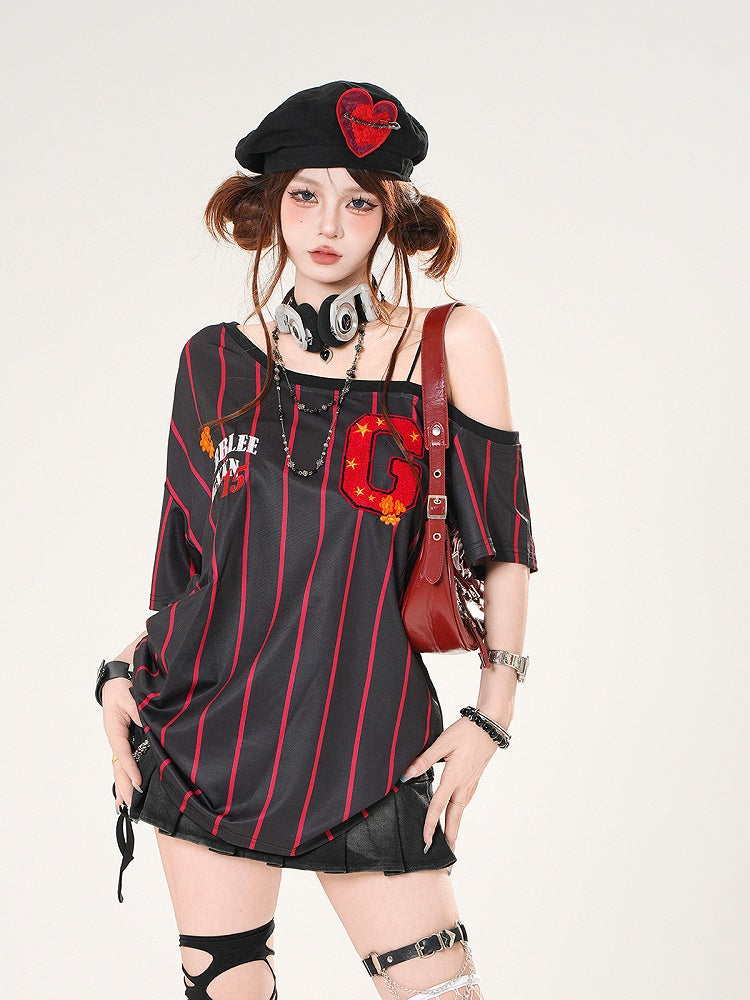 Asymmetrical Neckline Blokette Core White/Black Striped T-shirt