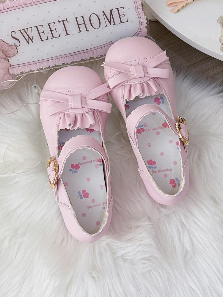 PU Pink Sweet Lolita Mary Janes - Round Toe Mid Heel with Bow, Ruffle Trim & Scalloped Strap