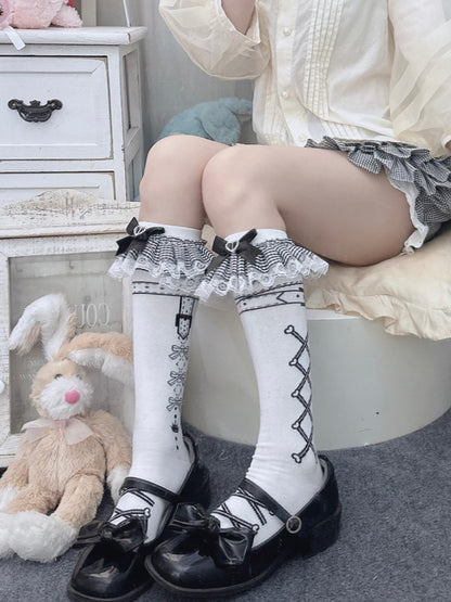 White Lolita Bowknot Print Underknee Stockings With Black Striped Ruffled Cuffs