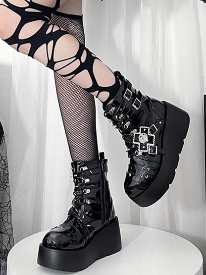 Metal Skull Polished Black Punk Wedge Platform Boots Spike Stud Detailing