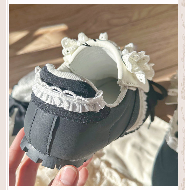 Bead Details Bow Accents Black and White Sneakers