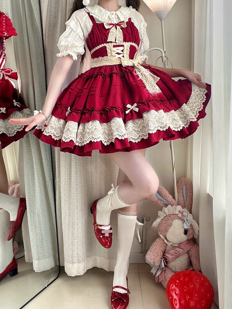 Red Pleated and Ruffle Trim Skirt Summer Lolita Jumper Skirt