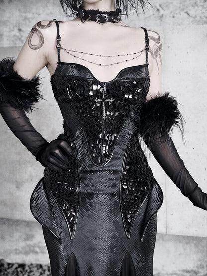 Black Victorian Bustier Bodice Spaghetti Straps Dress Evening Gown PU Leather Mermaid Dress